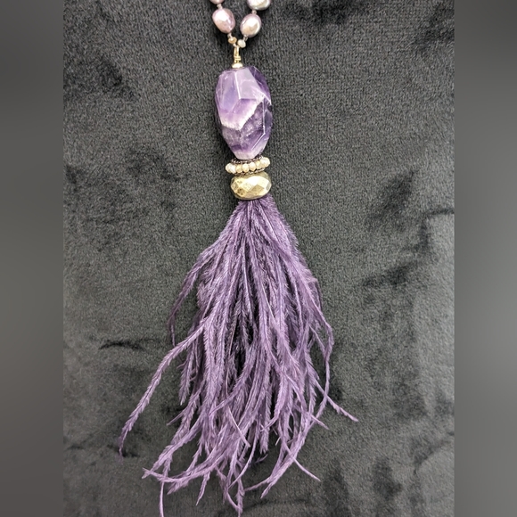 Chico's Retired Purple Feather Pendant Necklace Natural Pearl - Picture 3 of 12
